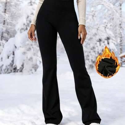 Damns högmidjade flare-leggings, tjocka fleecefodrade mjukisbyxor, avslappnade vinterbyxor, svarta varma yogabyxor för sport (L,M,S,XL,XS)