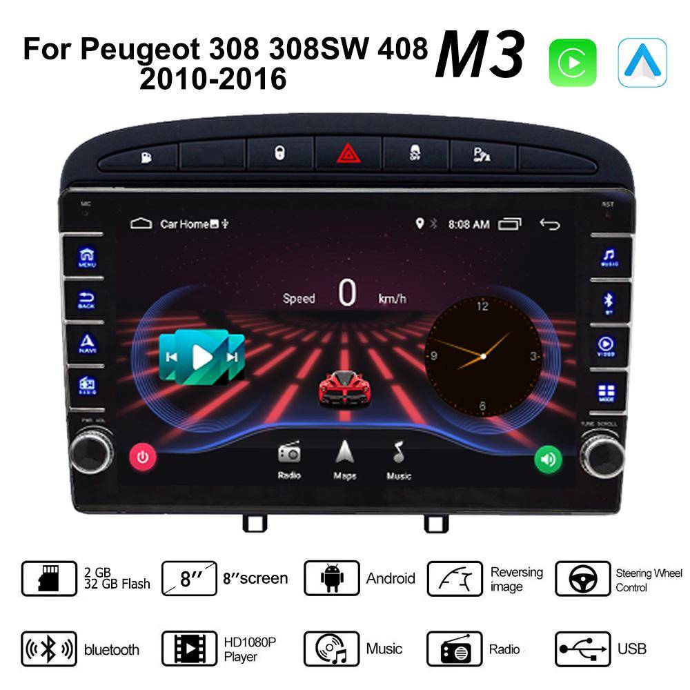 2 Din Android Car Radio Multimedia Video Player för Peugeot 308 308SW 408 2010-2016 Med knappknopp Carplay WiFi 2+32GB