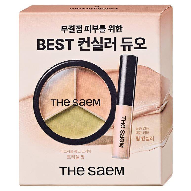 The Saem Cover Perfection Concealer Duo Set - Triple Pot (03 Correct Up Beige) + Tip Concealer (1.0 Clear Beige) for Cool-Tone Skin Correction