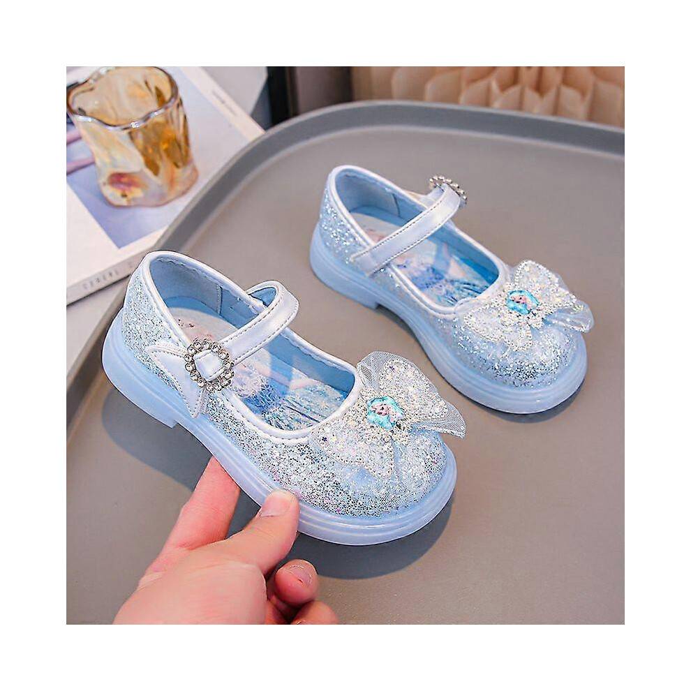 (23-Insole 14.9 cm) Anti Slip Sole Girls' Luminous Pu Leather LED Light Shoes Frozen Children's Glitter Elsa Princess Shiny Shoes Size 23-34