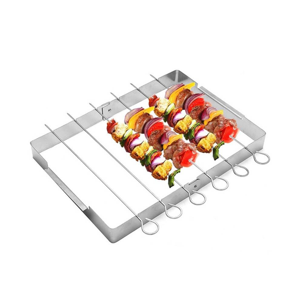 BBQ Skewer Rack Stainless Steel BBQ Metal Skewers Foldable Rotating Rotisserie Grill Rack with 6 Skewers for Shish Kebab