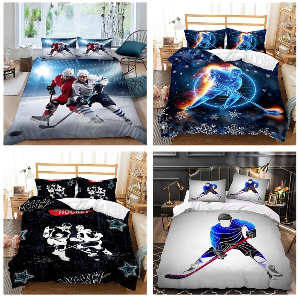 3D Ishockey Säng Sängkläder Set för Ungdomliga Ishockeyfans, Barnsängkläder för Pojkar och Flickor, Sportspel, Enkel Dubbelsäng Gåva