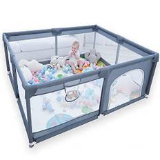 VTERLY Baby Playpen, 150 x 180 x 68 cm Plassing Gite Shilder med Förvaringväska, Andningsbart Nät, Anti-Kollision Som Körs Stabil Gjord av Skum, Bush-Grille Baby, Landningsbana - Barngrå