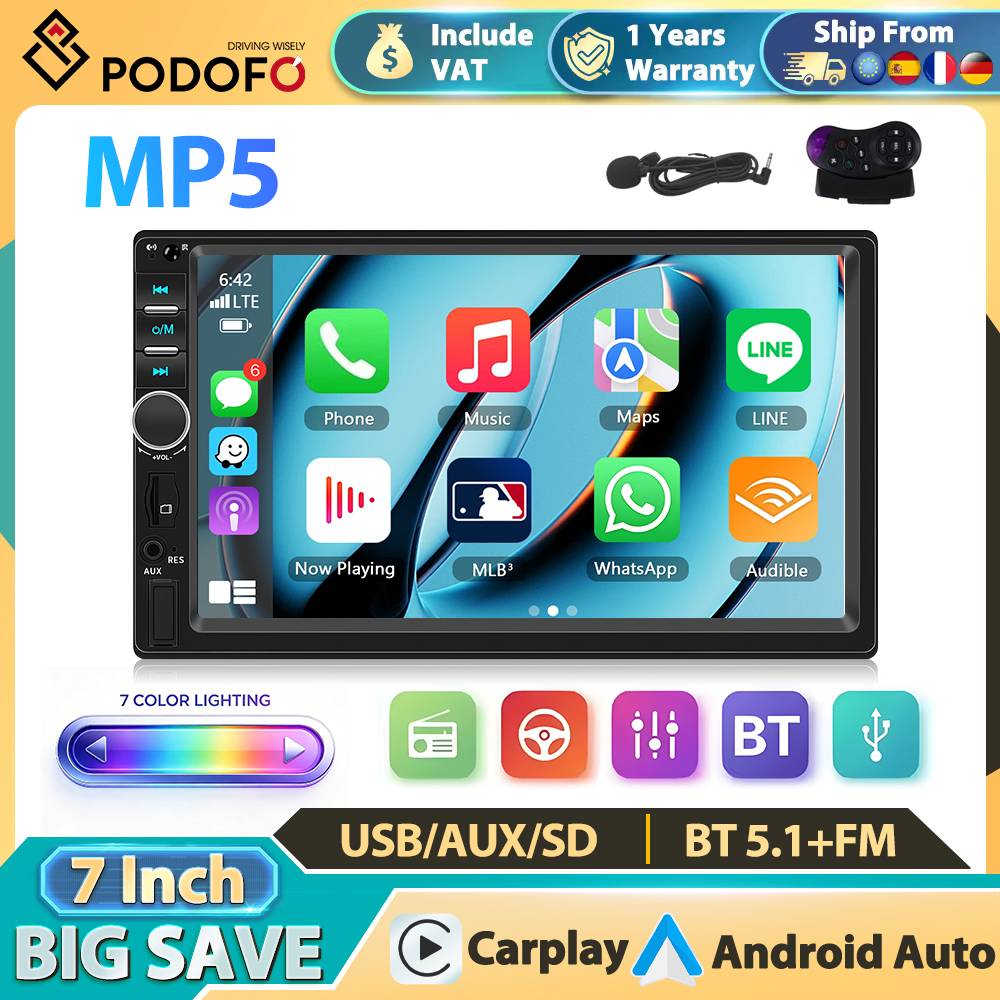 Podofo 2Din 7'' Smart Car Intelligent Systems Universal Car Stereo Android CarPlay Auto Mirror Link Support  BT USB FM AUX Radio
