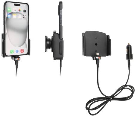 Brodit Aktiv hållare med USB-kabel och cigg-adapter, Apple iPhone 15 Plus/15 Pro Max/16 Plus/16 Pro Max