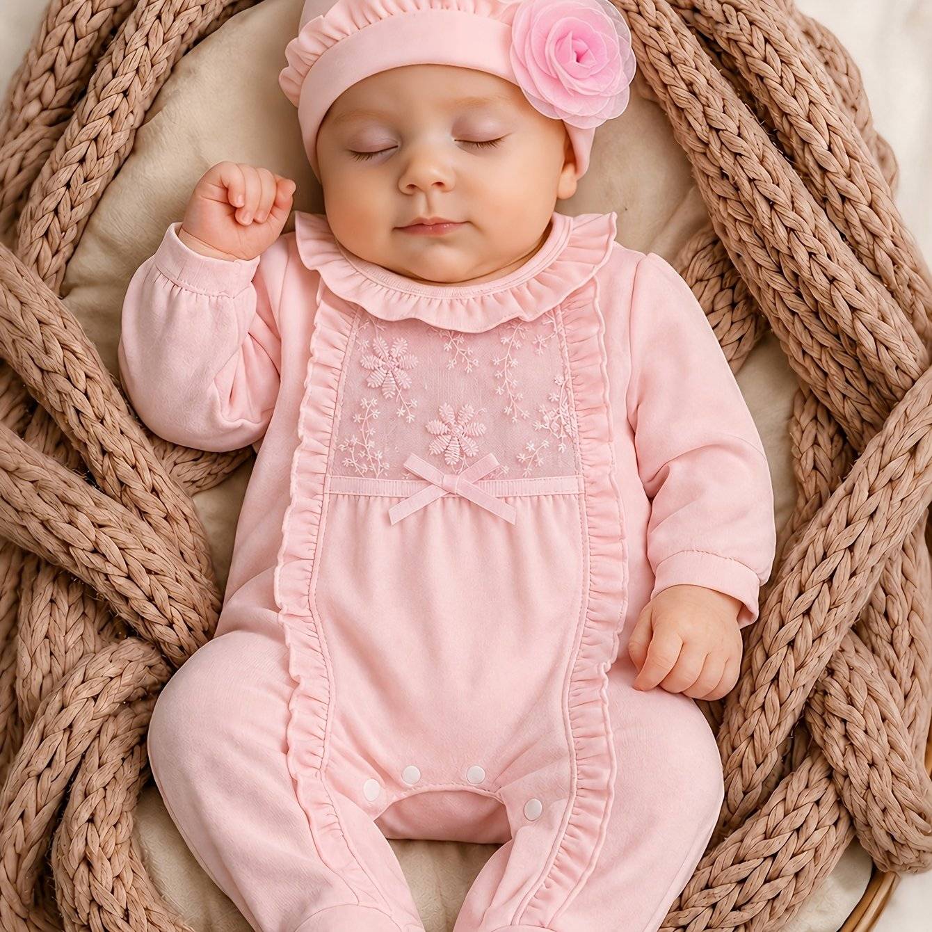 2-piece Baby Girl Romper Set – Long Sleeve Jumpsuit With Ruffle Trim And Matching Hat (0-12m)