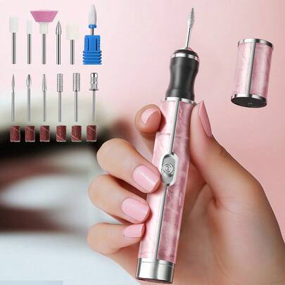Elektrisk nagelslipkit med 12 huvuden, multifunktionell nagelborr, USB-laddningsbar nagelslip, professionell nagelfil med 4 hastigheter, nagellackerin - Rosa (En-Storlek)