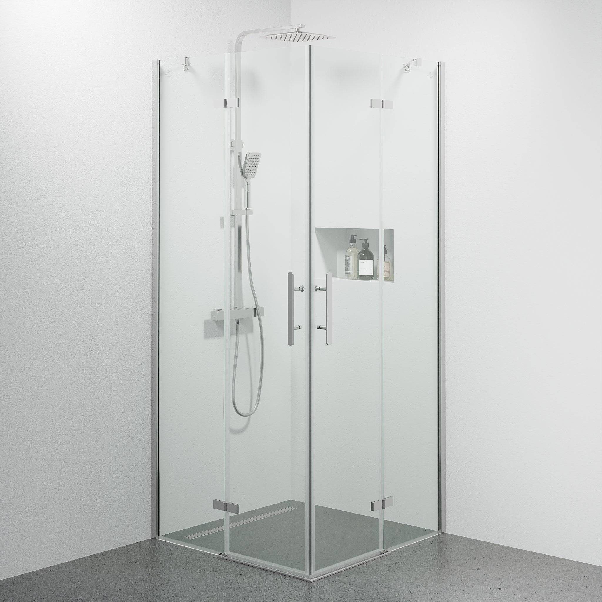 Rämen Brusehjørne, Firkantet, Krom Profil, Klar Glas - 90 x 90 cm