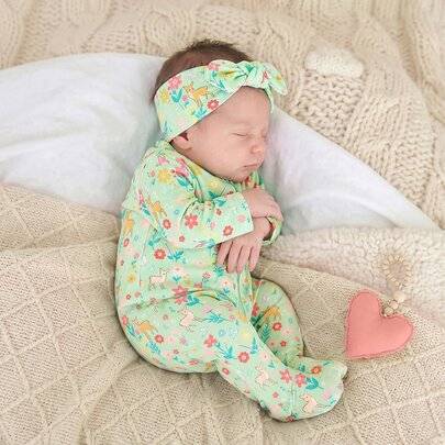 Nyfödd Baby Flicka Söt Sommar Stickad Blommig & Tecknad Mönster Romper - Mint Grön (6-9M,9-12M,0-1M,1-3M,3-6M)