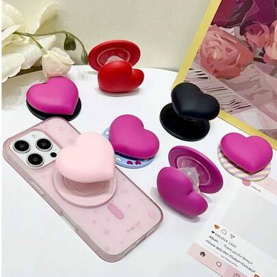 Macaron Color silikon magnetiskt luftkudde telefonstativ, MagSafe adsorption skrivbordsstativ, hopfällbar silikon blomma telefonhållare med superstark - Multifärgad (Svart kärlekshjärta,Rött kärlekshjärta,Rosrött hjärta,Rosa hjärta,Rosrött randigt hjärta)