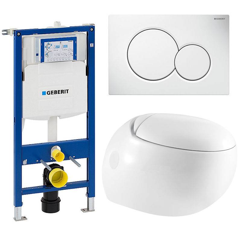 Komplet toiletpakke med Skagen vægtoilet og Soft Close sæde, Geberit cisterne og hvid trykknap