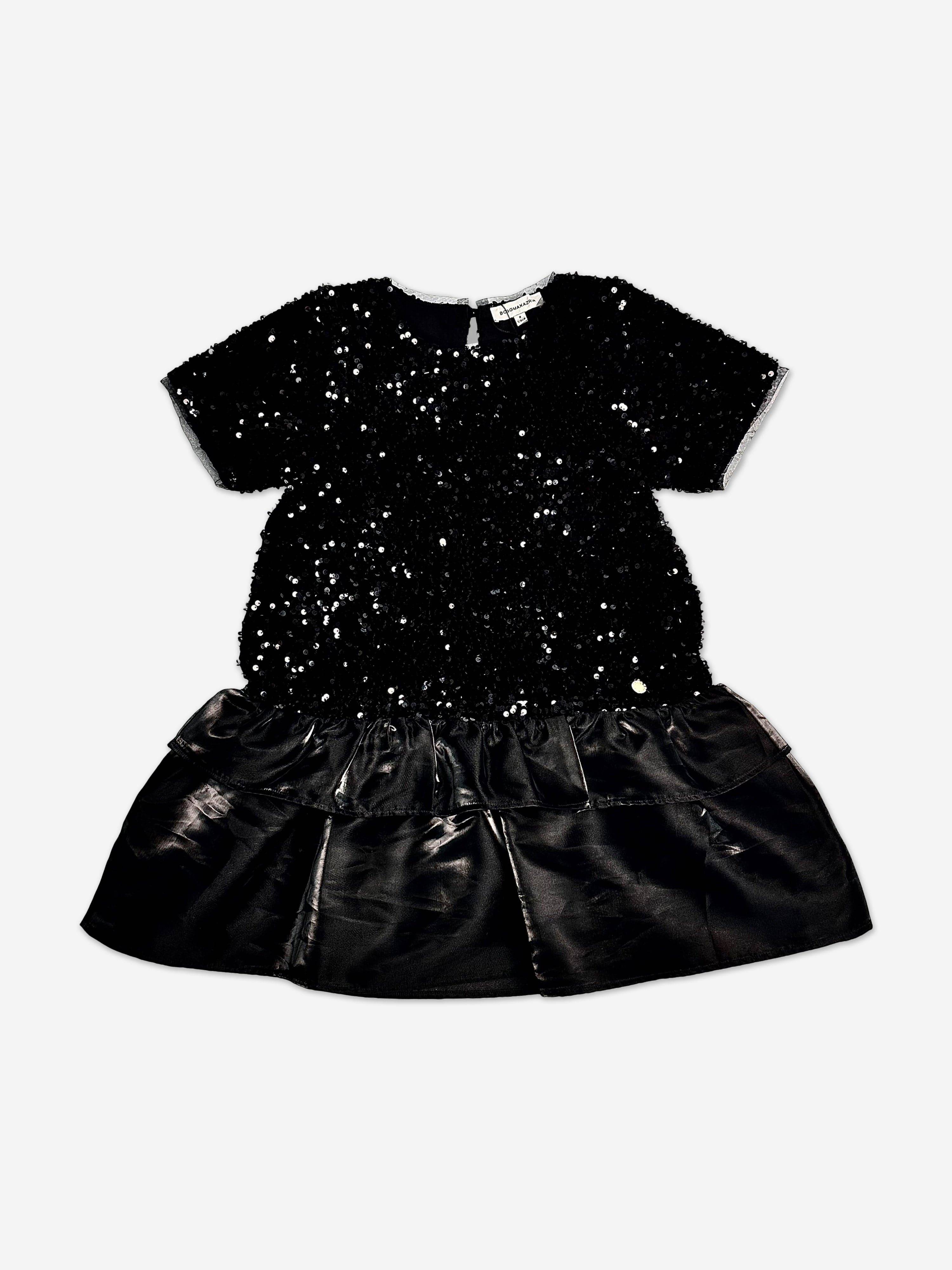 BCBGMAXAZRIA Girls Velvet Sequin Dress with Satin Hem in Black - Black / 8 Yrs (8 Yrs)