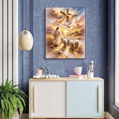 Jesus Den gode herden diamantkonstset för vuxna, kristet kors vit duva får solnedgång religiös diamantmålning, full rund borr diamantkonst väggdekor p (30*40,40*50)