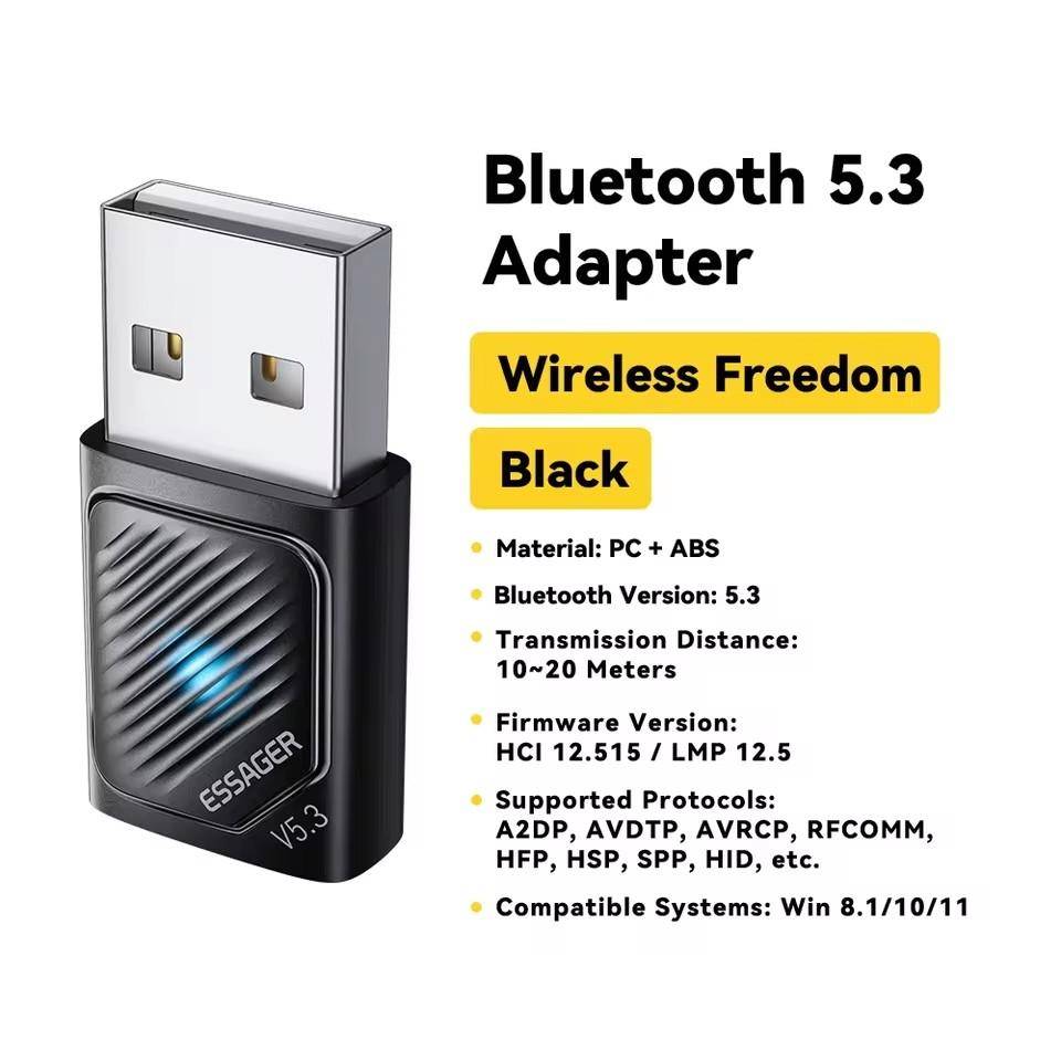 Essager Bluetooth Adapter USB Bluetooth 5.4 for PC Dongle Adaptador Wireless Mouse Keyborad Music Audio Receiver USB Transmitter Bluetooth 5.3 svart