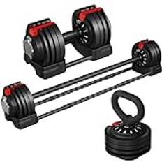 Yaheetech 3-i-1, justerbara hantlar av hantel och kettlebell och skivstång, hantelset, viktnivåer, 3 kg till 24 kg, justerbart hantelset med 3 lägen, hantel och kettlebell och skivstång