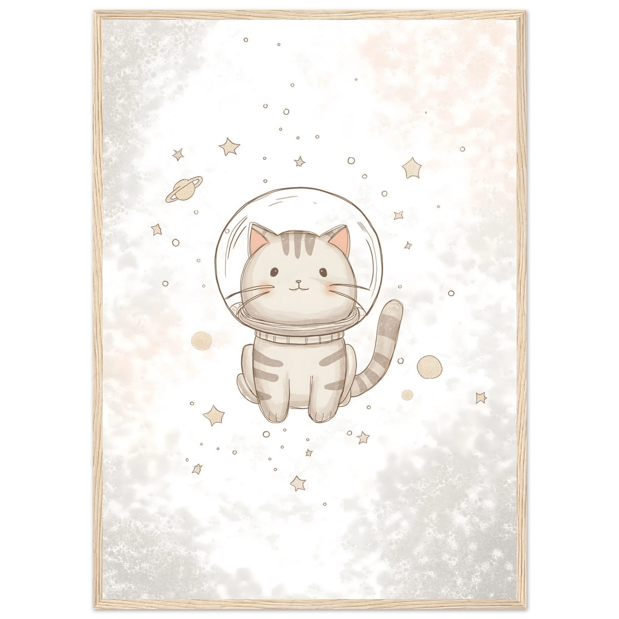 Katt i rymden poster-50x70 cm / 20x28″ / Med ram / Ljust trä