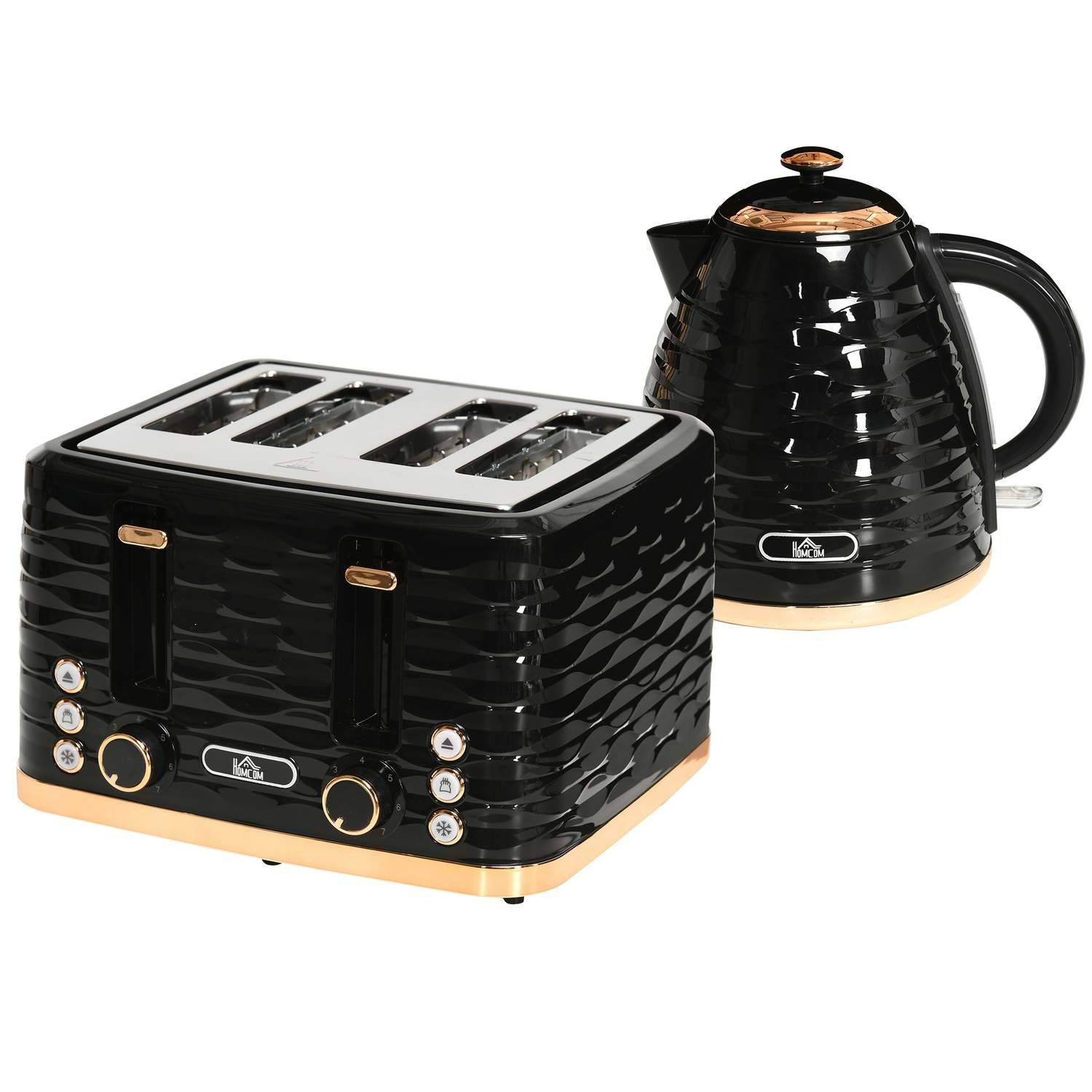 Vattenkokare Brödrost Set Frukost Set med 1,7 L vattenkokare, 4 skivor Brödrost, 2200 W, 7 Browning Levels, Upptining, Återuppvä