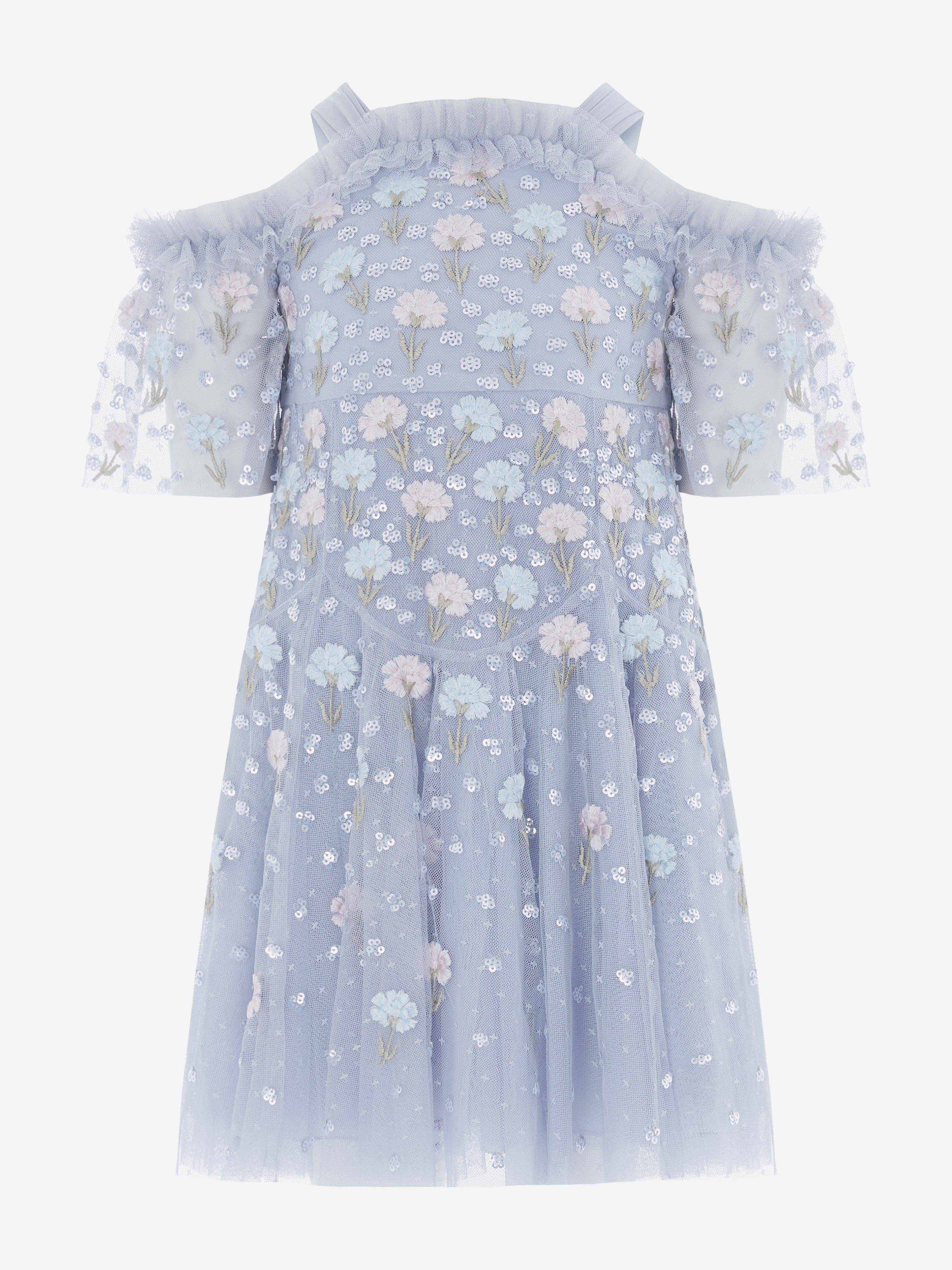Needle & Thread Girls Dandelion Ditsy Off Shoulder Dress in Blue - Blue / 8 Yrs (8 Yrs)