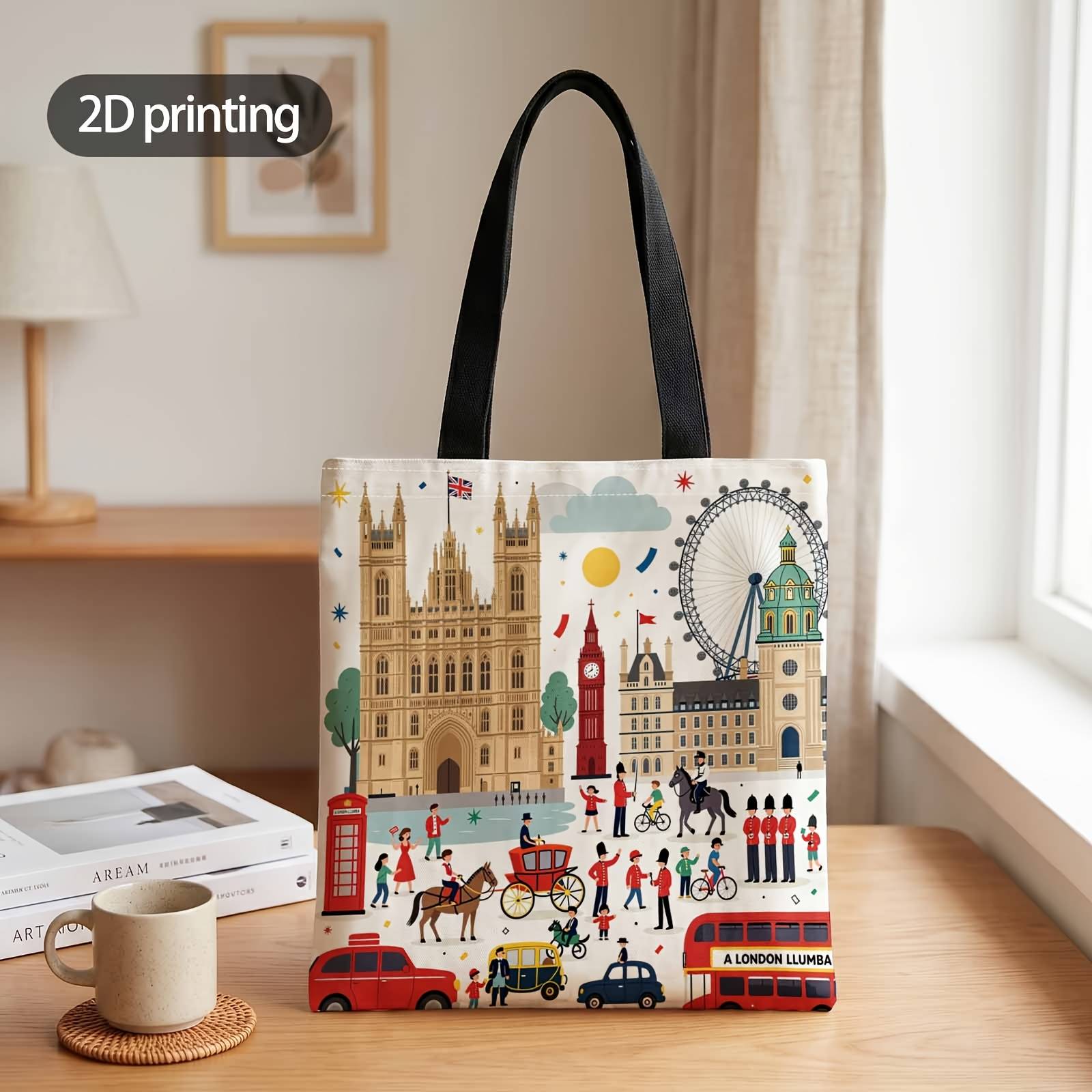 2d Printed Handbag With London's Iconic Moments Pattern, Reusable Fashion Shoulder Bag Shopping Tote Bag Suitable For Shopping Office Vacation Daily And Travel
