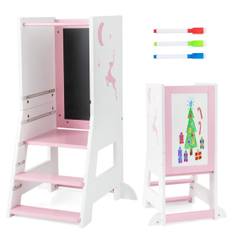 2 i 1 børnelæringstårn med dobbeltsidet bord & 3 justerbare højder Køkken skammel Trin skammel Pink