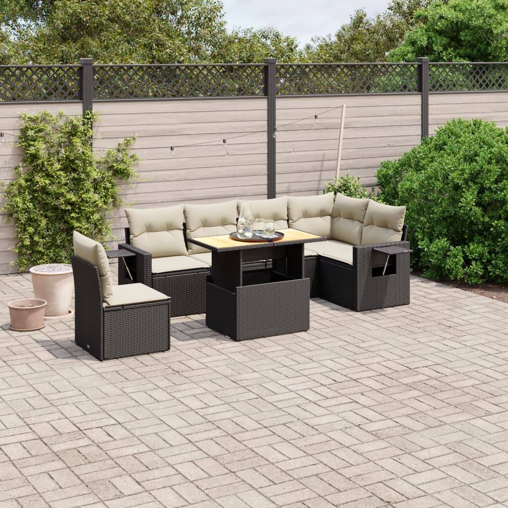 Sofasæt Til Haven 7 Dele Med Hynder Polyrattan - Sort og cremefarvet / Bord + 3x midterdel + 3x hjørnedel