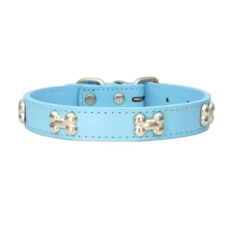 Durable Leather Dog Collar with Bone Design for Small to Large Dogs - SKY BLUE / L
