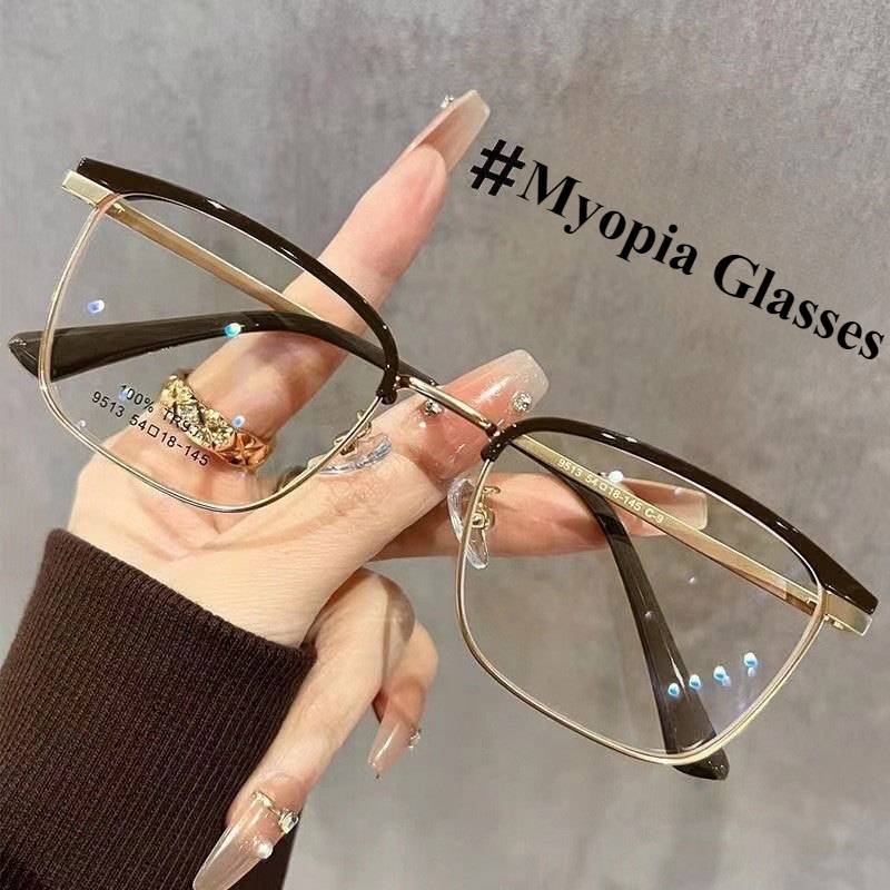 0-0.5-1.0-6.0 Myopia Glasses Rectangular Half Frame Anti Blue Light Versatile Metal Eyeglass Legs Durable Nearsighted Glasses