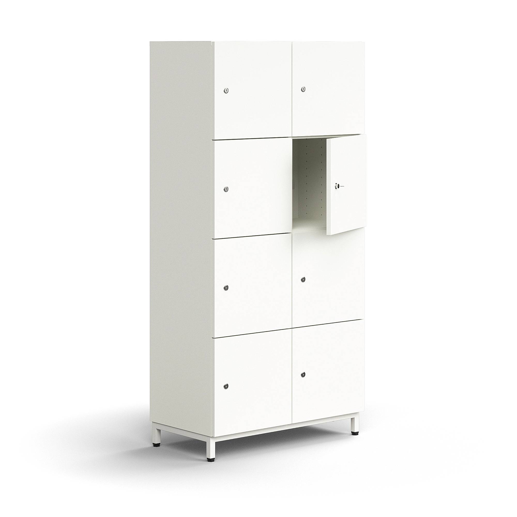 Förvaringsskåp QBUS, 8 låsbara fack, benstativ, 1636x800x420 mm, vit