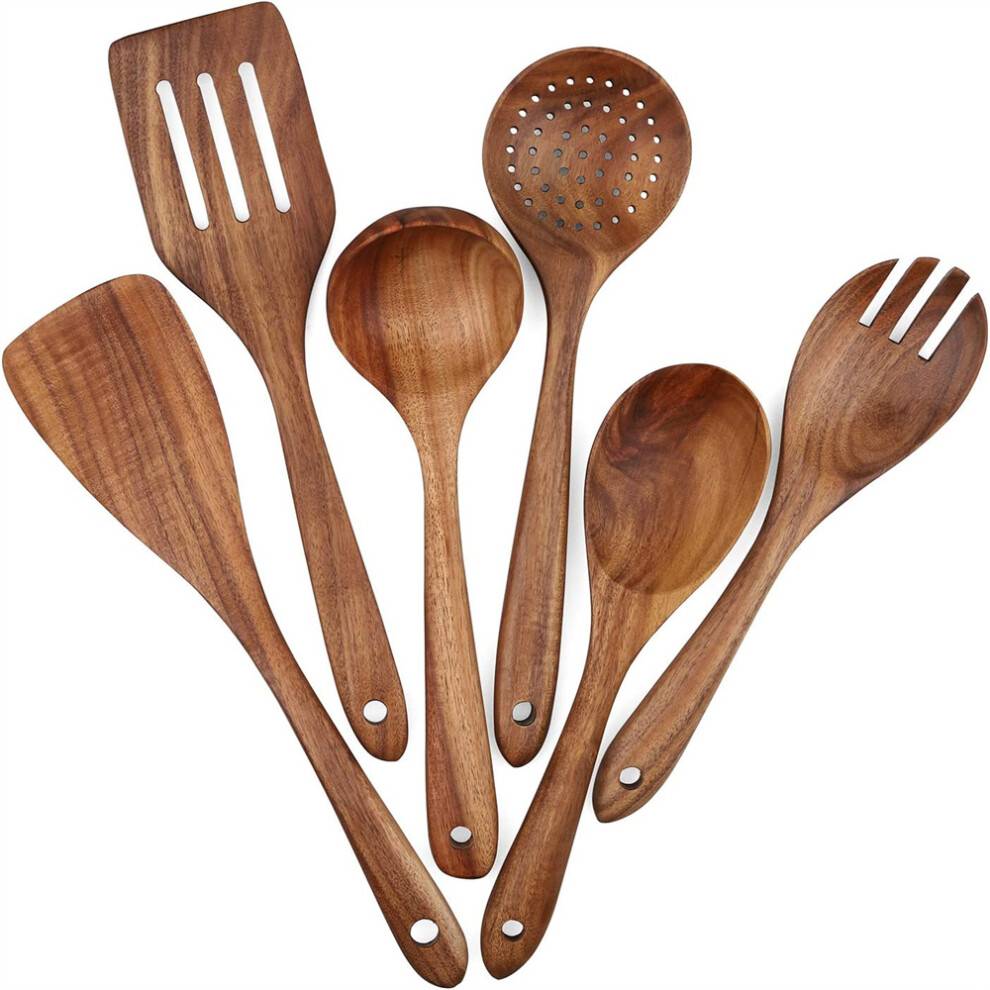 Gourmet teak træ køkkenredskaber madlavningsskesæt, ridsefri naturlige teak træredskaber til non-stick pander med varmebestandighed, nem