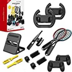 14 in 1 Switch Sportwear Compatible for NS Switch Sports Game, Tennis Racket Hand Strap Controller Grip, Racing Wheel Fishing Rod Drum Stick with Storage Box