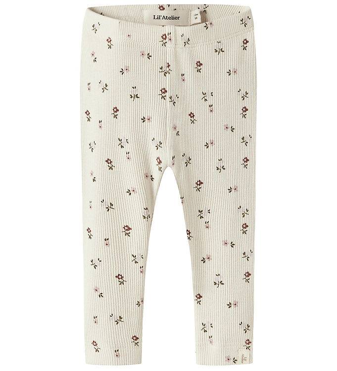 Lil Atelier Leggings - Rib - NbfGago - Turtledove/Floral - Lil Atelier - 62 - Leggings