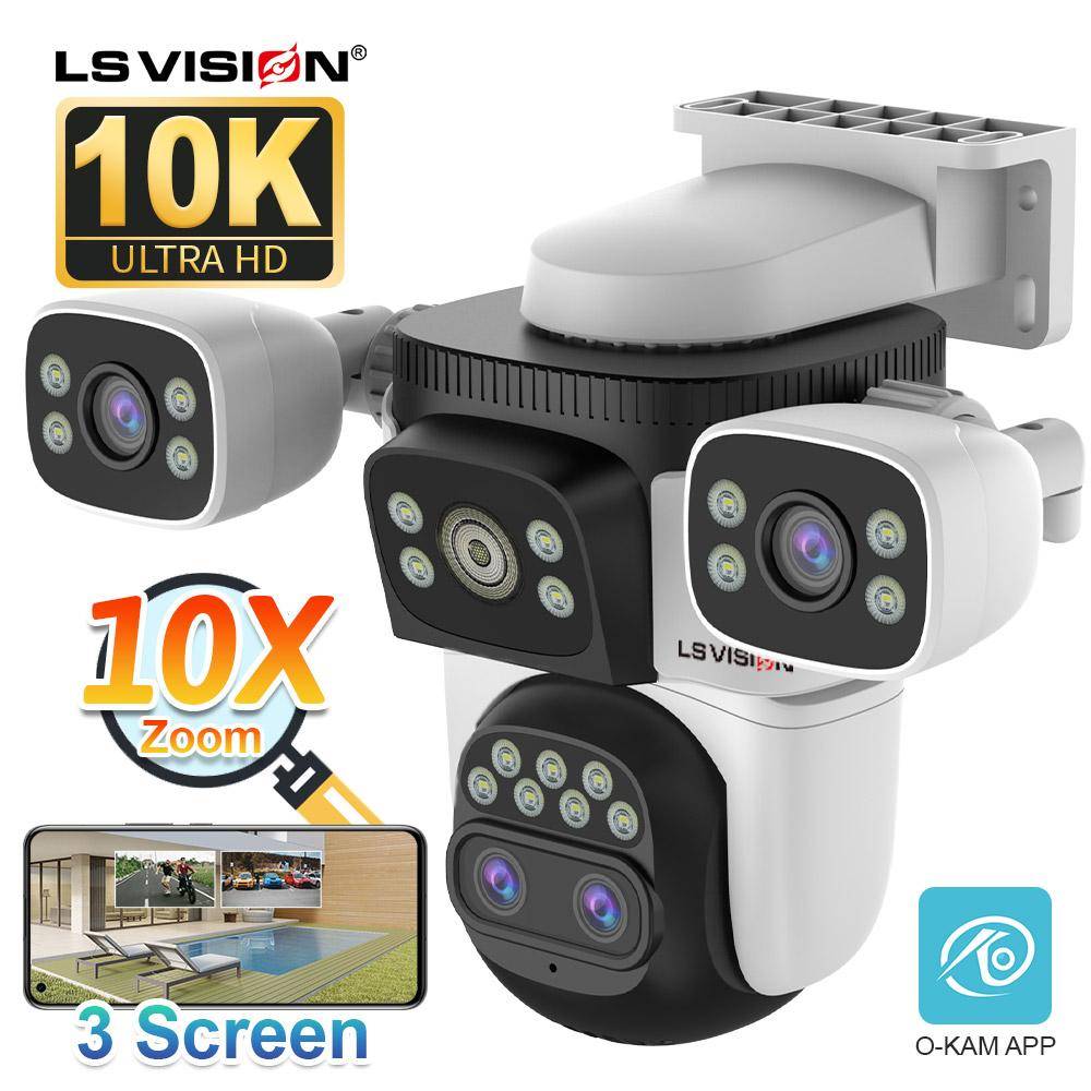 LS VISION 20MP 10X Zoom Tre Skärmar WiFi IP-kamera Trådlös Utomhus 10K Fyra Linser PTZ Mänsklig Automatisk Spårning Övervakningskameror