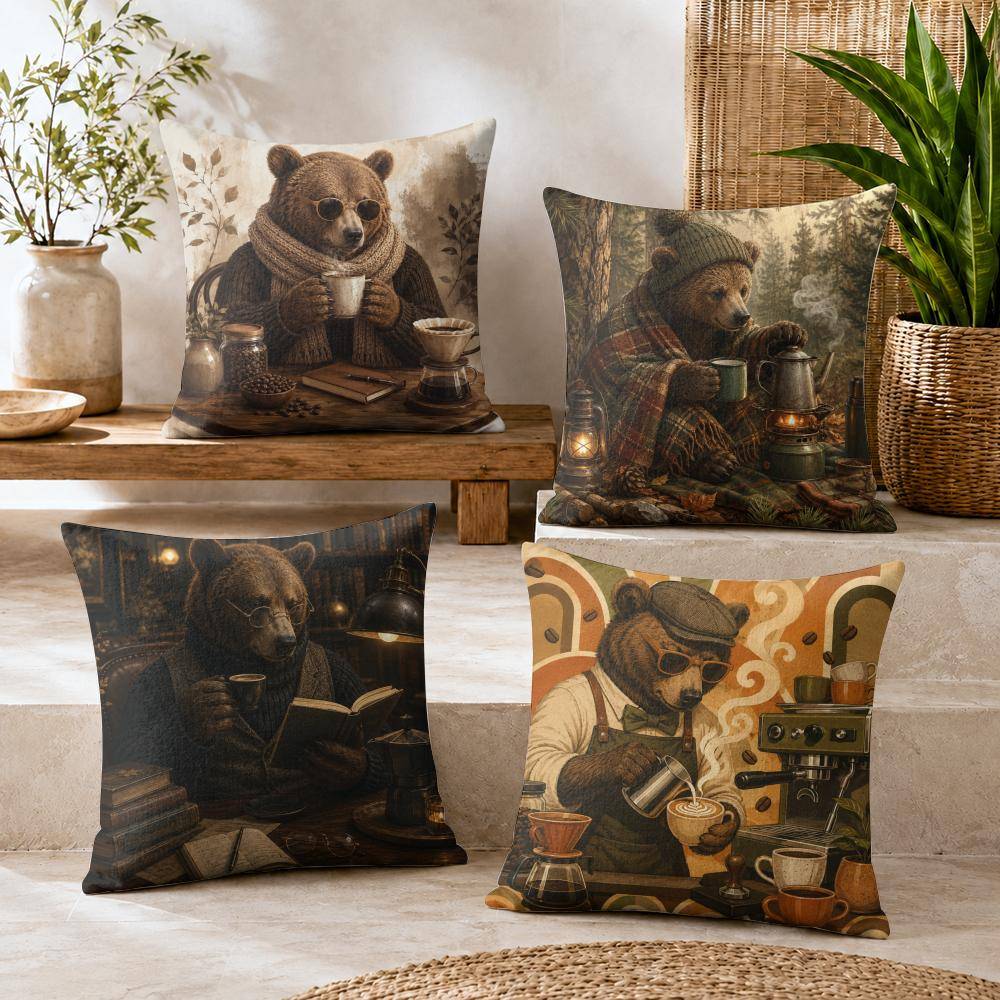 Cool Funny Bear Coffee Cushion Cover Durable Hypoallergenic Organic Linen Pillow Cover Short Size Washable SkinFriendly