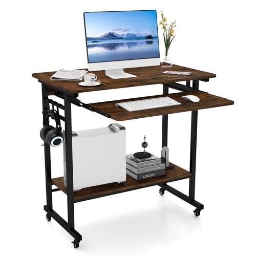 COSTWAY skrivbord med hjul, tangentbordshylla, platsbesparande datorbord PC-bord med förvaringsyta under och krok, industriell laptop bord för hemmakontoret, vintagebrunt