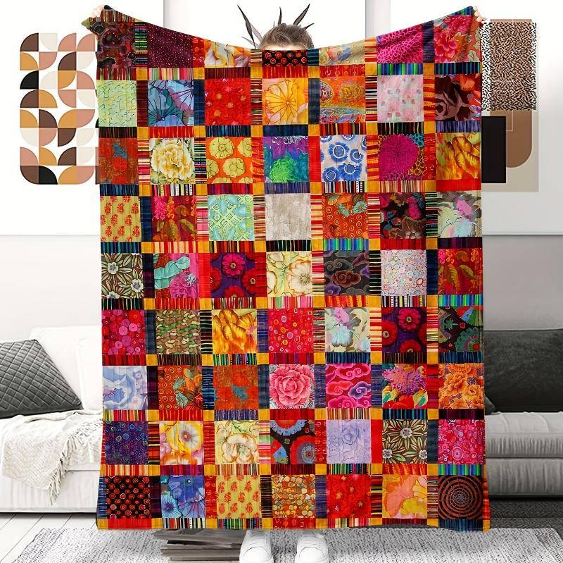 Färgglad Patchwork Blommig Print Pläd, varm, soffa, läshörna, vardagsrum, idealisk för hemmalugn, födelsedagspresenter