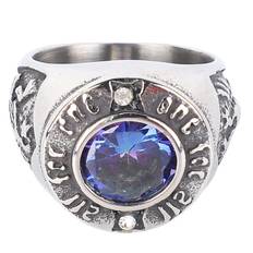 Men Vintage Stone Signet Ring Alphabet Engraved Hypoallergenic Titanium Band Ring Blue Size 7