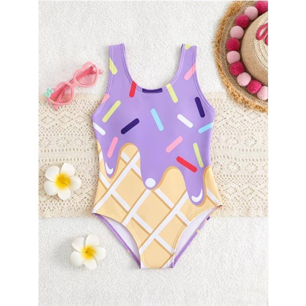 Girls One Piece Swimsuit Cute Cartoon Colorful Ice Cream Print Sleeveless Swimwear Kids Summer Beach Bathing Suit cm beige