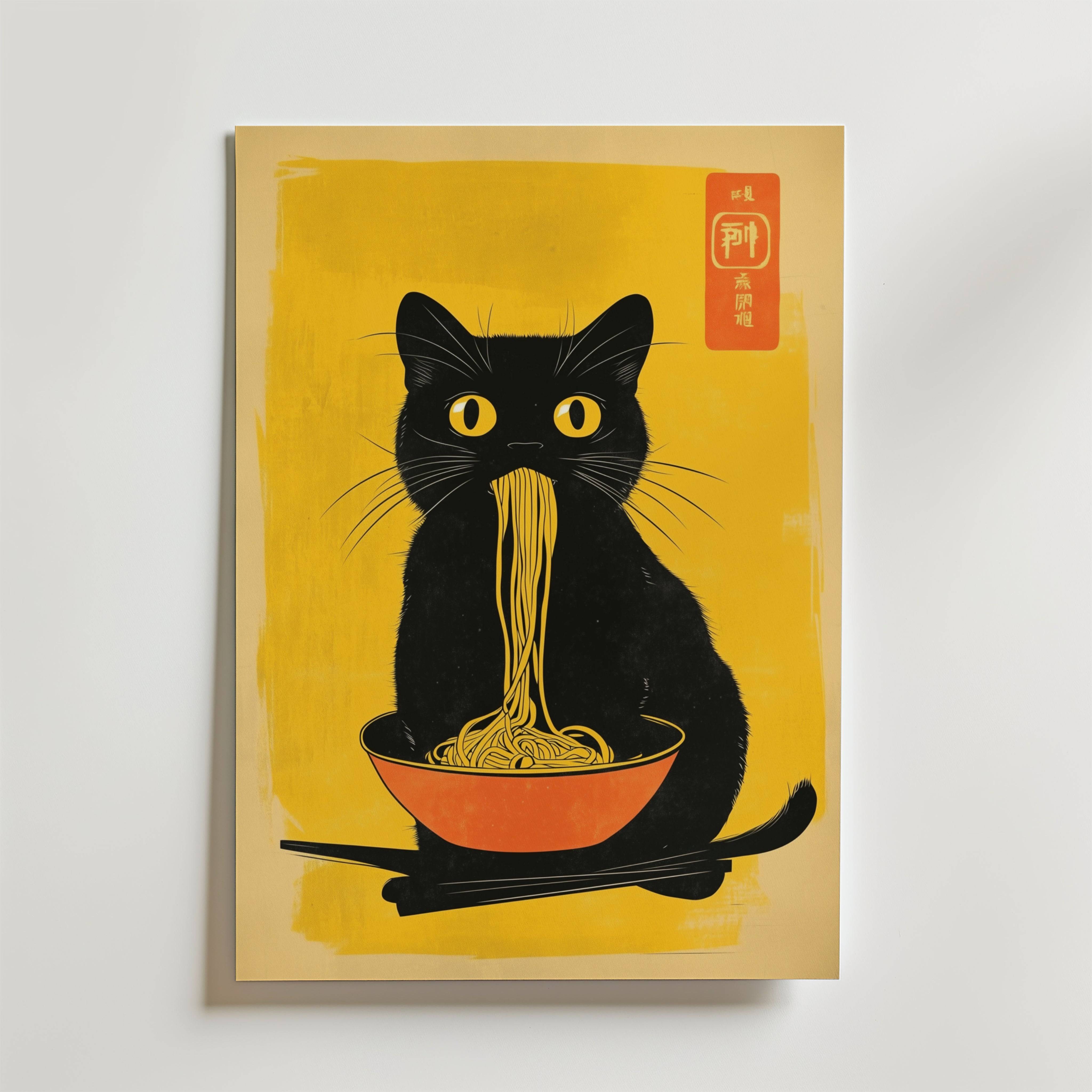 Black Cat Eats Noodle Poster - Fine Art Poster 70x100 cm