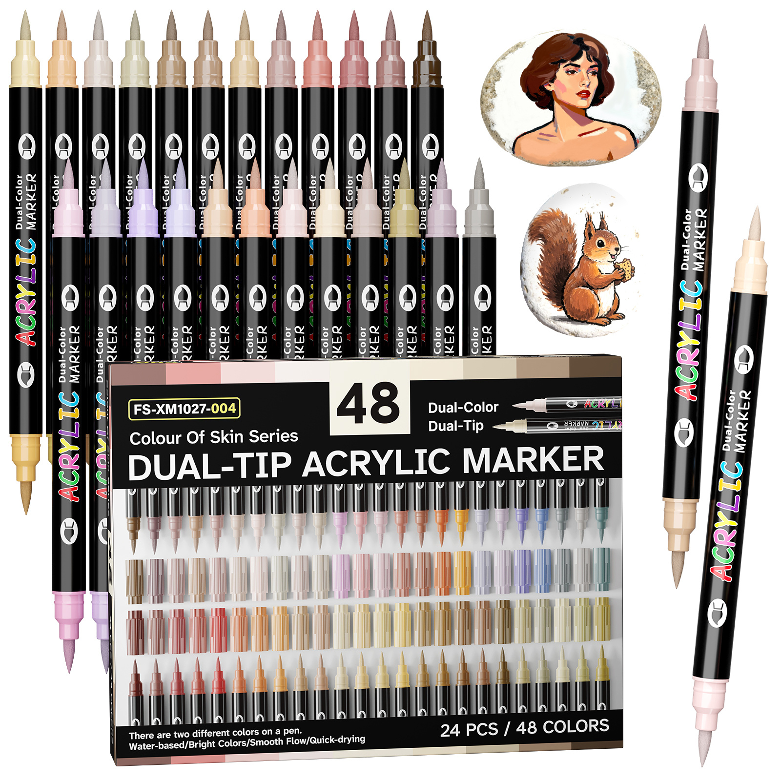 FLYSEA 48-Color Skin Tone Dual-Tip Acrylic Markers – Soft Brush + 1mm Nib, Ideal for Stone, Wood, Glass & Canvas Artwork
