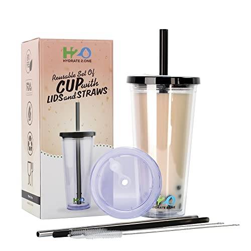 Kopp Med Sugrör Och 2 Lock – Mugg för Iskaffe, Bubble Tea, Smoothie, Milkshake – 700 ml, Isolerad Med Dubbla Väggar, BPA-fri Plastkopp, Läckagesäker, Återanvändbar Transparent