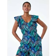 Roman Roman Blue Tropical Leaf Print Linen Blend Playsuit