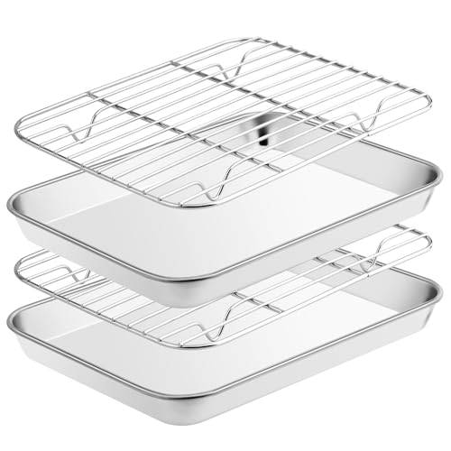 Fire More Edelstahl Backblech mit Abkühlgitter(2 Backblech+2 Abkühlgitter), 23,5x17,5x2,5cm, Backform Rechteckig Ofenblech mit Kuchengitter Set, ungiftig & leicht zu reinigen