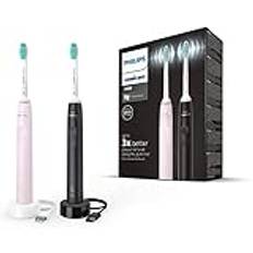Philips Sonicare 3100 elektrisk tandborste, sonisk tandborste, trycksensor och timer, sockerros och svart, tvåpack, HX3675/15