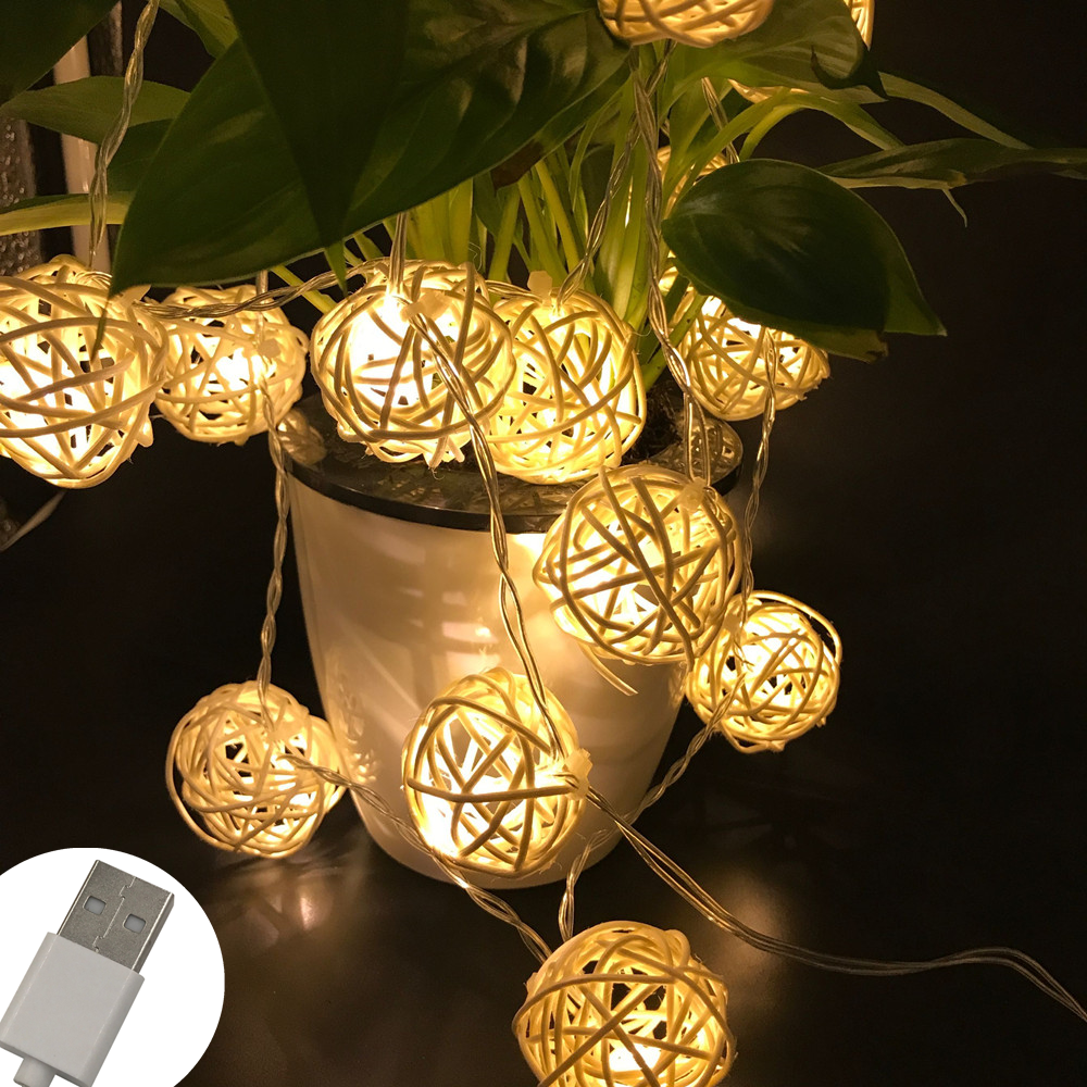 3M 20LED Warm White USB Powered Rattan Ball Fairy String Lights for Christmas Wedding Party Holiday Home Decoration