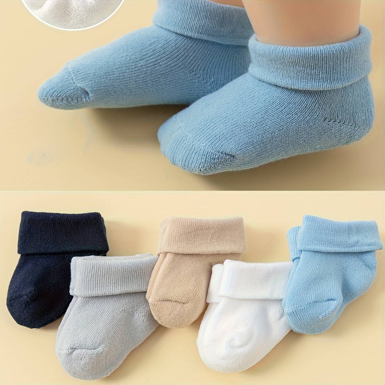 5 Pairs Of Solid Color Baby Socks For Autumn And Winter, Thickened And Fleece-lined For , Featuring Cute Designs And Fun Patterns, Made From Soft Material, Essential For Babies In Cold Weather