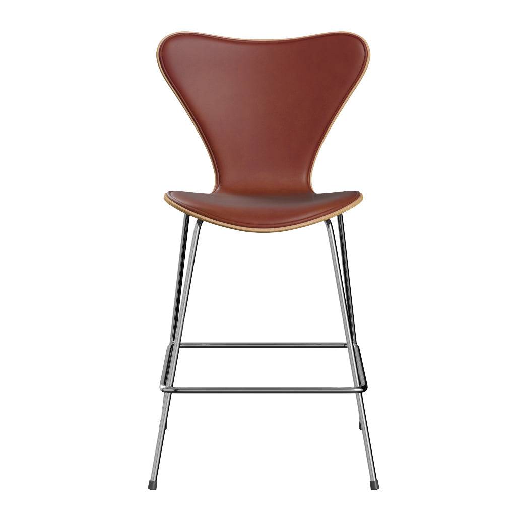 Fritz Hansen - 3187 lav barstol, naturfiner og forsidepolstret i Grace læder Bøg - Kastanjebrun læder - Krom stel - Jacobsen Plus