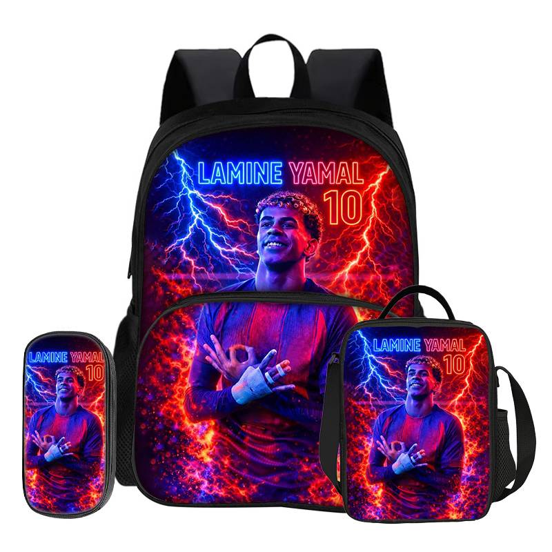 3 Pcs set with Front Pocket Backpack Football Star with Thermal Insulated Lunch Tote Purse Pencil Case L-Lamin Yamal Rucksack