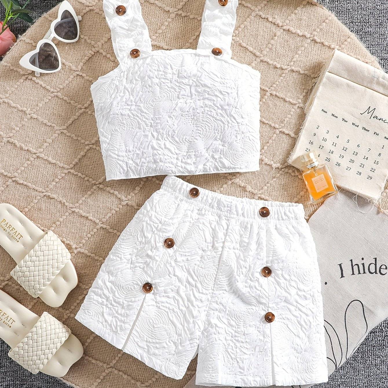 Girls Children Little Girl Fresh Flutter Sleeves Cami Shorts Children Fashion Casual Loose Two-piece Set Girls Short Shorts Set, For Outdoor