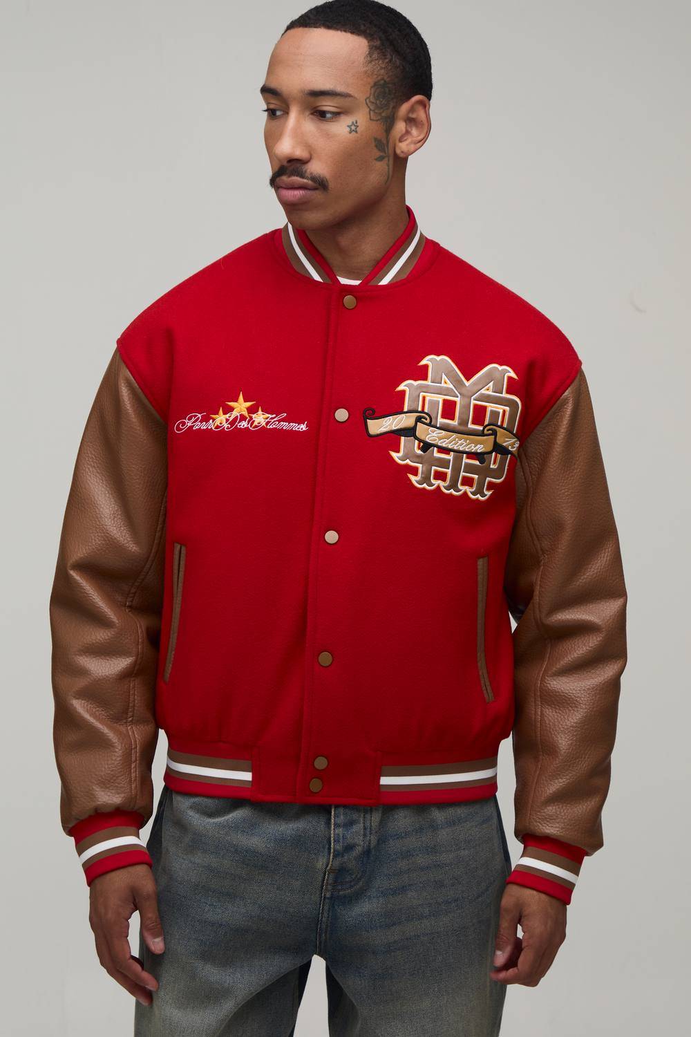 Applique Colour Block PU & Melton Varsity Jacket | Red | Size Large