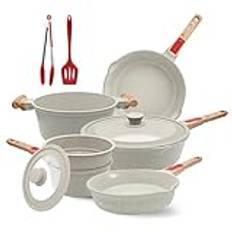 AIKENBBKK 10 st köksredskap och stekpannor, non-stick köksredskap i aluminium med avtagbart handtag, lämpliga för alla hällar, tål ugn och diskmaskin (vit)